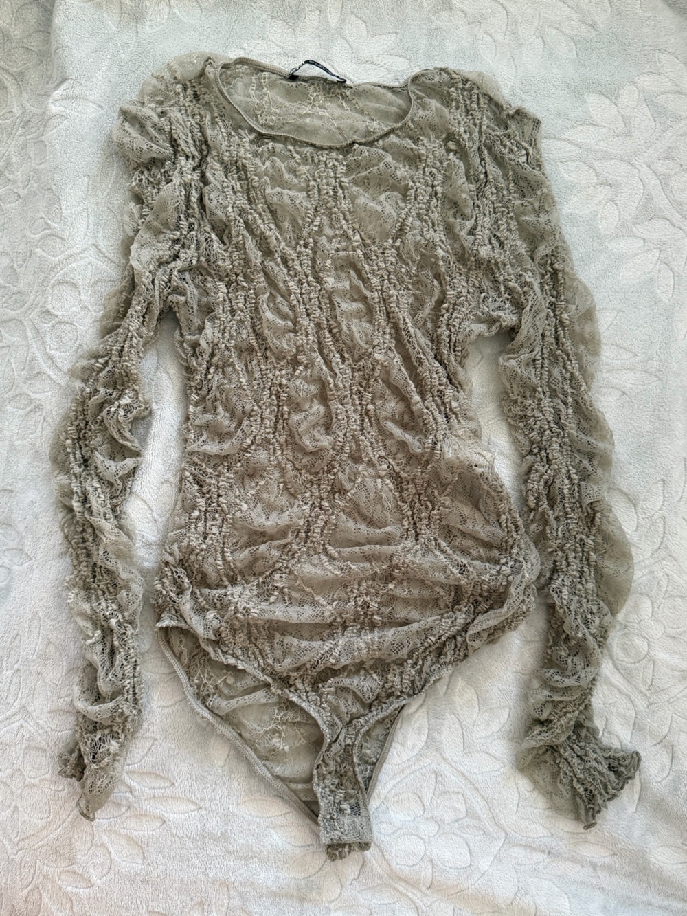 Zara Taupe Ruched Lace Maxi Bodysuit